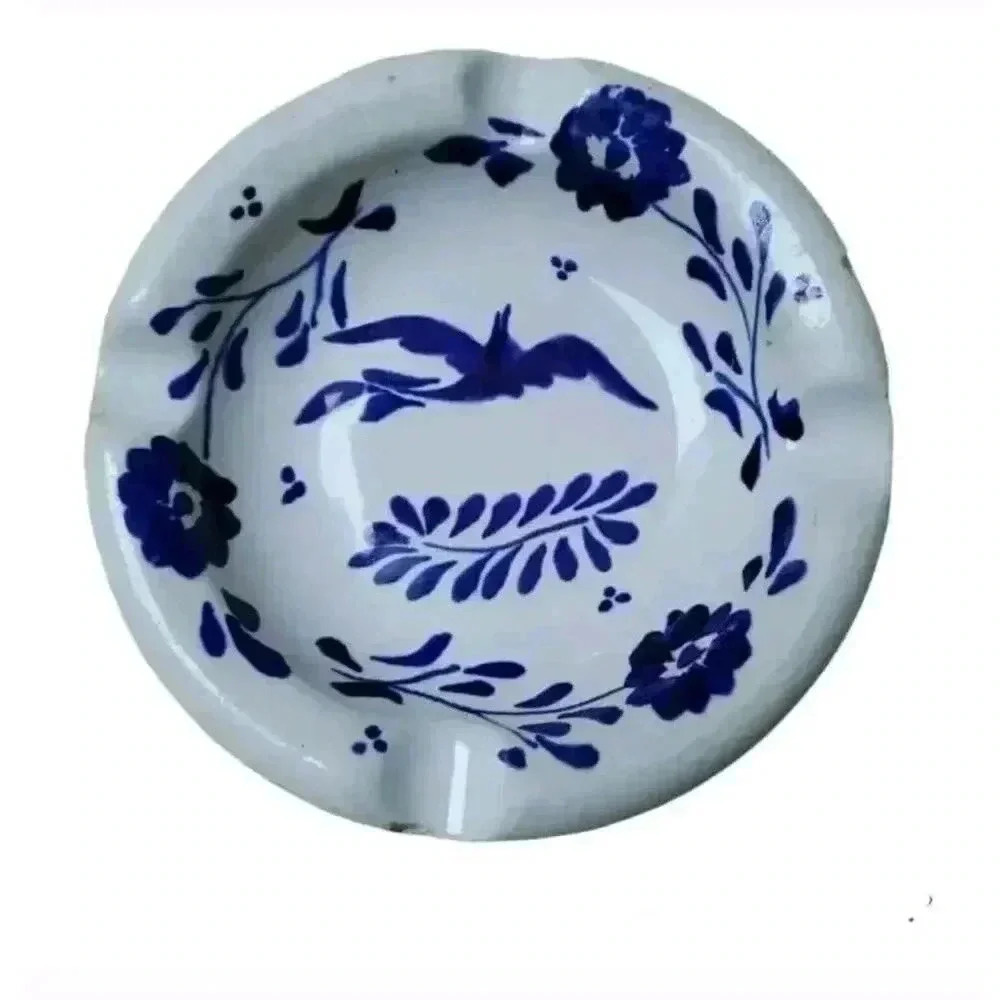Anfora Vintage Mexican Pottery Ceramic Puebla Blue White Ashtray Hand Painted